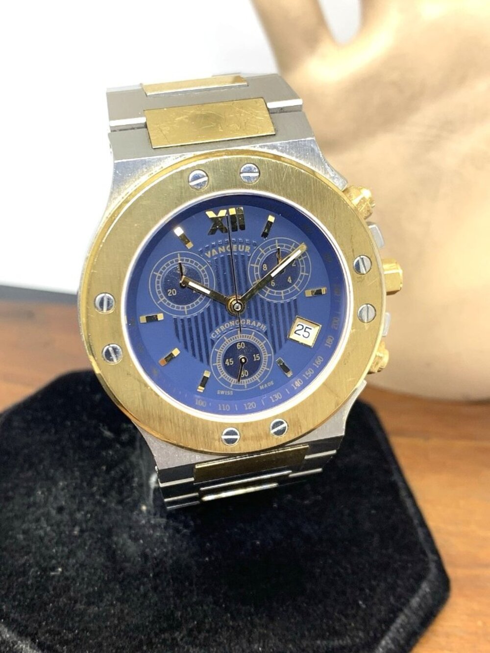 Vanceur Men's Watch Royal Castle Swiss Quartz Chronograph Blue Dial 2-Tone Steel